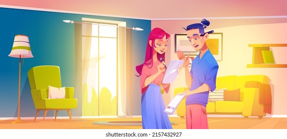 Interior designers with digital tablet and color swatches discussing house decoration. Vector cartoon illustration of girl and man decorators in modern living room