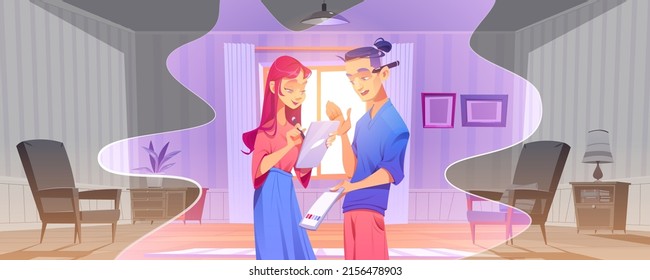 Interior designers discussing house renovation design project. Vector cartoon illustration of man and woman decorators with digital tablet and color swatches in old living room