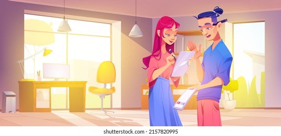 Los diseñadores del interior dibujan tableta digital en el despacho. Dibujo vectorial de la mujer y el hombre decorador o artista creativo en la habitación con ordenador en la mesa, la silla y el estante o el rack