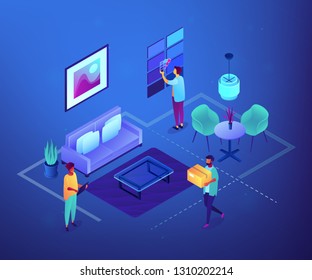 Interior designers with modern furniture and design elements, tiny people. Interior design, house decoration service, interior design studio concept. Ultraviolet neon vector isometric 3D illustration.