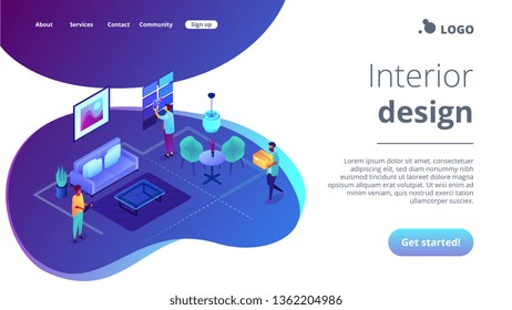 Interior designers with modern furniture and design elements, tiny people. Interior design, house decoration service, interior design studio concept. Isometric 3D website app landing web page template