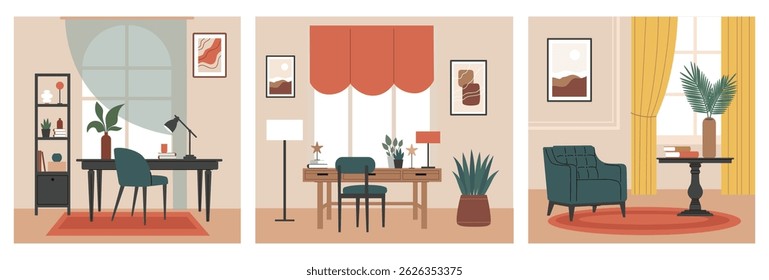Interior design,home office,living room. A set of interiors. Flat vector illustration.