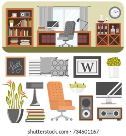 Interior details design stylized drawing modern interior house residence luxury apartment furniture decoration vector illustration.