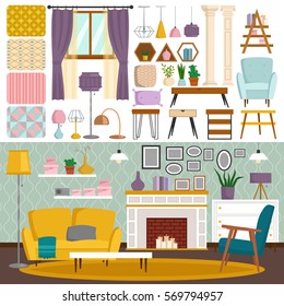 Interior details flat style design vector elements. Different furniture room inside parts