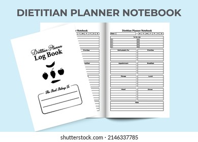 Interior of a dietitian planner template. Dietitian daily patient information and food habit planner interior. Interior of a log book. Daily nutrition tracker and exercise information journal.