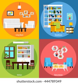Interior of different rooms presenting living room homeliness kitchen and retro interior orthogonal 2x2 compositions vector illustration