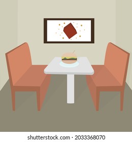 interior of a diner with a burger on the table. Vector illustration of the design of the cafe, burger shop
