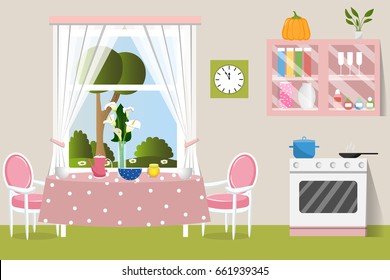 The interior dining room. Flat design. Cartoon. Vector illustration