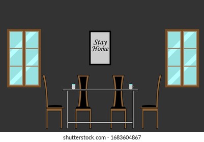 Interior dining room with four chairs and warm water.