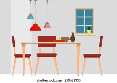 Interior of dining room with grey wall, table, chairs and lamps