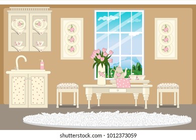 The interior dining room and kitchen. Antique furniture. Cartoon. Vector.