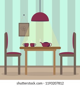 Interior of dining room with stripes wallpaper. Furniture like table and chairs in flat style. Vector illustration of kettle with cups.