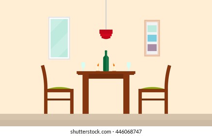 interior dining room with a table,chair, a picture, a bottle and glasses, vector illustration in flat style