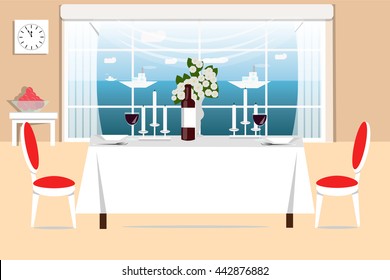 The interior dining room vector illustration. Flat style. Dining room with sea views