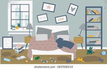 Interior of a dirty bedroom in the house. A messy uncomfortable room with furniture, scattered things and garbage. Vector flat illustration