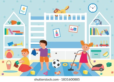 Interior Of A Dirty Kids Room With Messy And Scattered Toys. Children Together Clean And Wash Their Playroom. Domestic House Cleaning. Vector Flat Cartoon Illustration