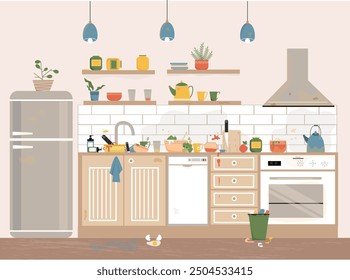 Interior of a dirty and messy kitchen with dirty dishes, furniture.Kitchen before tidying up and cleaning. Disorder in the interior. Vector flat illustration. 