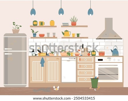 Interior of a dirty and messy kitchen with dirty dishes, furniture.Kitchen before tidying up and cleaning. Disorder in the interior. Vector flat illustration. 