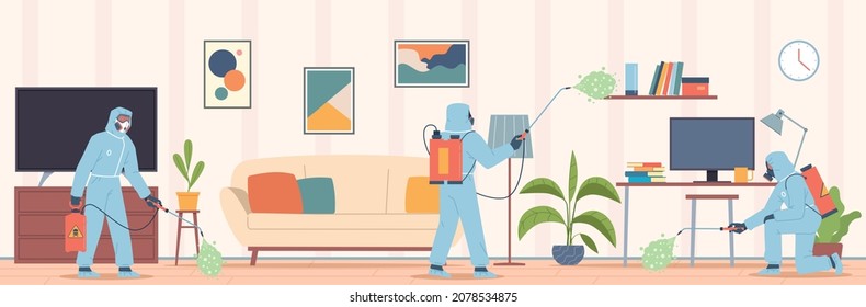 Interior disinfection. Sanitary treatment of room against viruses. Men doing professional antibacterial cleaning. Disinfector spraying chemicals. Pandemic prevention. Vector concept