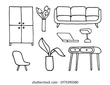Interior in doodle style. Wardrobe, sofa, armchair, houseplant, bedside table, computer. Vector EPS 10