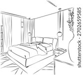 Interior doodle vector illustration. Outline sketch. Graphical drawing. Continuous one line drawing of double bed, stand with vase and plant. Modern furniture, cozy bedroom in simple line style.