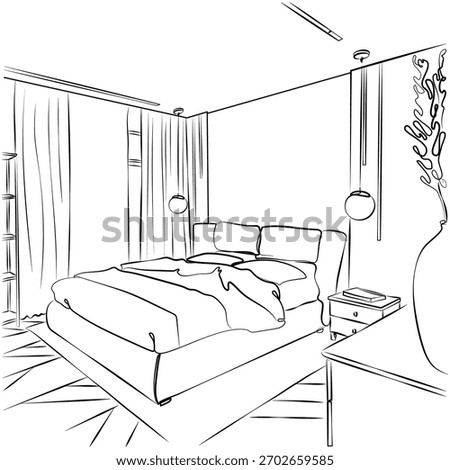 Interior doodle vector illustration. Outline sketch. Graphical drawing. Continuous one line drawing of double bed, stand with vase and plant. Modern furniture, cozy bedroom in simple line style.
