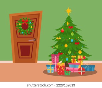 Interior. Door with a Christmas wreath and a Christmas tree with gifts. Vector illustration.