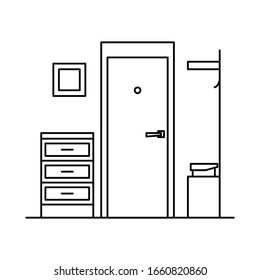 Interior con puerta, armario, estante, percha. Interior vectorial con puerta, armario, mesita de noche, cuadro, estante, colgador de estilo sobrio aislado en fondo blanco. Elemento para web y publicidad