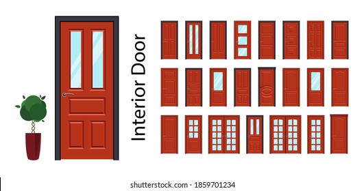 Puerta interior en rojo. Gran colección de puertas vectoriales. Puertas con o sin vidrio. Ilustración vectorial realista aislada en fondo blanco.