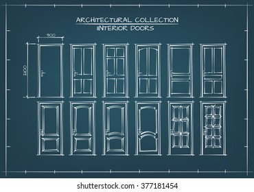 Interior Doors Set. Technical Drawing, Blueprint Style.
