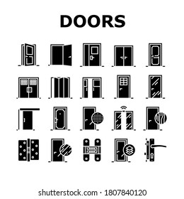 Iconos De Colección De Tipos De Puertas Interiores Set Vector. Swing, Puertas Corredizas Y Dobles, Tablero De Fibra De Envases Y Densidad Media, Material De Madera Y Metal Pictogramas De Glifo Ilustraciones Negras