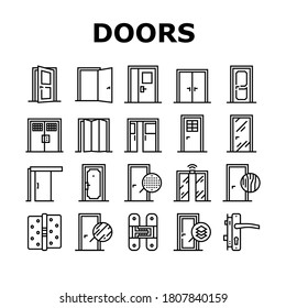 Iconos De Colección De Tipos De Puertas Interiores Set Vector. Swing, Puertas Corredizas Y Dobles, Tablero De Fibra De Envenenamiento Y Densidad Mediana, Ilustraciones De Contorno Negro De Material De Madera Y Metal