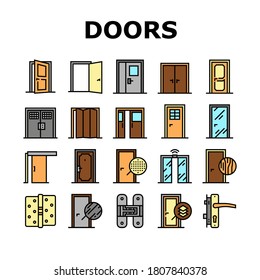 Iconos De Colección De Tipos De Puertas Interiores Set Vector. Swing, Puertas Corredizas Y Dobles, Tablero De Fibra De Envenenamiento Y Densidad Media, Ilustraciones De Contorno De Material De Madera Y Metal