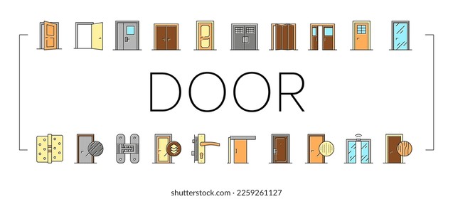 Interior Doors Types Collection Icons Set Vector. Swing, Sliding And Folding Doors, Veneer And Medium Density Fibreboard, Wooden And Metal Material Color Contour Illustrations