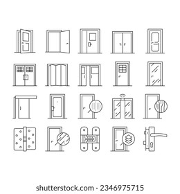 Iconos De Colección De Tipos De Puertas Interiores Set Vector. Swing, Puertas Corredizas Y Dobles, Tablero De Fibra De Envenenamiento Y Densidad Mediana, Ilustraciones De Contorno Negro De Material De Madera Y Metal