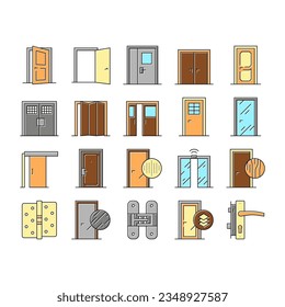 Interior Doors Types Collection Icons Set Vector. Swing, Sliding And Folding Doors, Veneer And Medium Density Fibreboard, Wooden And Metal Material Color Contour Illustrations