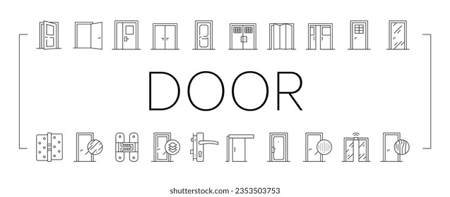 Iconos De Colección De Tipos De Puertas Interiores Set Vector. Swing, Puertas Corredizas Y Dobles, Tablero De Fibra De Envenenamiento Y Densidad Mediana, Ilustraciones De Contorno Negro De Material De Madera Y Metal