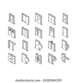 Conjunto de iconos isométricos de la colección de tipos de puertas interiores. Puertas Swing, Correderas Y Plegables, Chapa Y Tablero De Fibra De Densidad Media, Material De Madera Y Metal Color Contour .