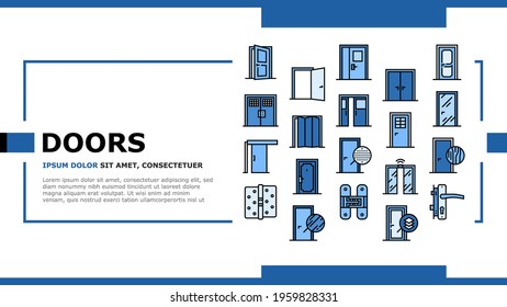 Interior Doors Types Landing Web Page Header Banner Template Vector. Swing, Sliding And Folding Doors, Veneer And Medium Density Fibreboard, Wooden And Metal Material Illustration