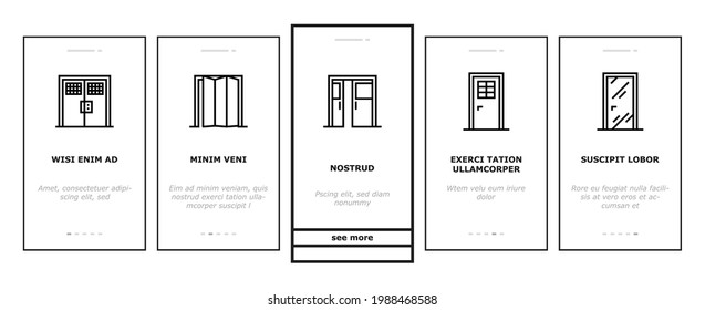 Interior Doors Types Onboarding Mobile App Page Screen Vector. Swing, Sliding And Folding Doors, Veneer And Medium Density Fibreboard, Wooden And Metal Material Illustrations