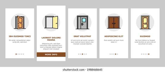 Interior Doors Types Onboarding Mobile App Page Screen Vector. Swing, Sliding And Folding Doors, Veneer And Medium Density Fibreboard, Wooden And Metal Material Illustrations