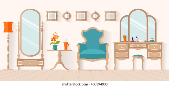 The interior of the dressing room with furniture in flat style. Vector illustration. Interior design with a dressing table and mirror. Boudoir for a woman.