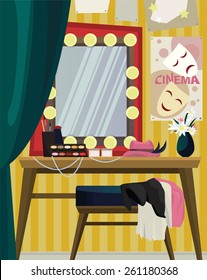 Interior Of Dressing Room With Mirror On Yellow Wall And Dressing Table With Diverse Attributes Of Theater Life