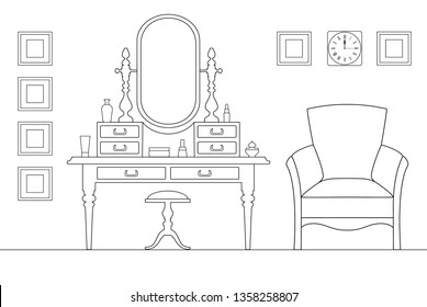 Interior dressing room in the outline, style. Sketch of the female room with a dressing table and cosmetics. Vector illustration drawn by thin lines.