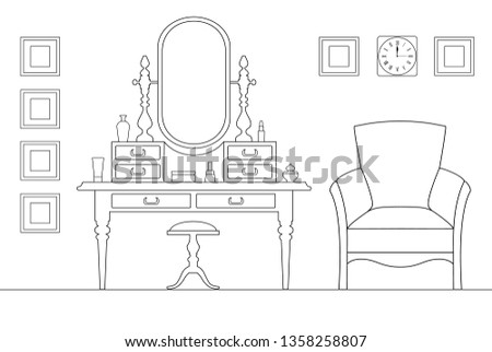 Interior dressing room in the outline, style. Sketch of the female room with a dressing table and cosmetics. Vector illustration drawn by thin lines.