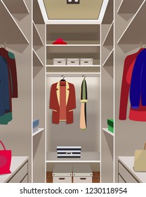 Interior dressing room.Wardrobe illustration. Boxes, clothes, bags and hat.