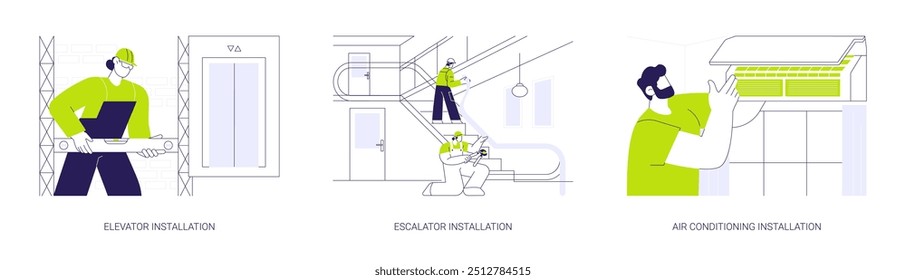 Interior obras elétricas conceito abstrato vetor ilustração conjunto. Instalação de elevadores e escadas rolantes, equipamento de controle de ar condicionado e temperatura, metáfora abstrata de utilitário de propriedade.