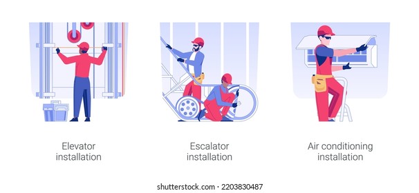 Interior electrical works isolated concept vector illustration set. Elevator and escalator installation, air conditioning and temperature control equipment, property utility vector cartoon.