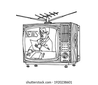 interior element of the 80s-90s, color television with antenna and wood trim, breaking news, vector illustration with black lines isolated on a white background in doodle and hand drawn style