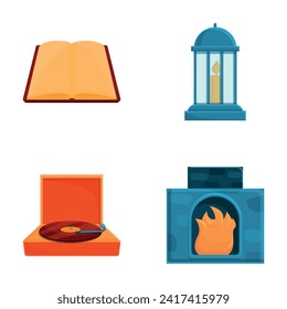 Interior element icons set cartoon vector. Fireplace, turntable and open book. Home leisure and hobby